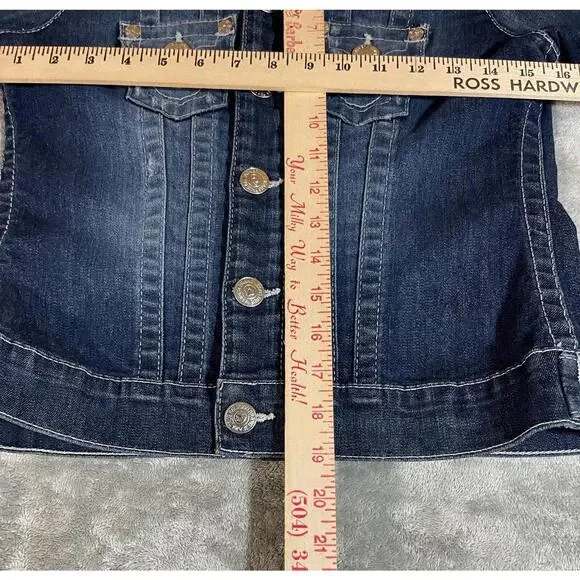 TRUE RELIGION Denim Trucker Jacket Blue Denim Jean Snap Button Sz XS Woman Logo - Picture 6 of 16